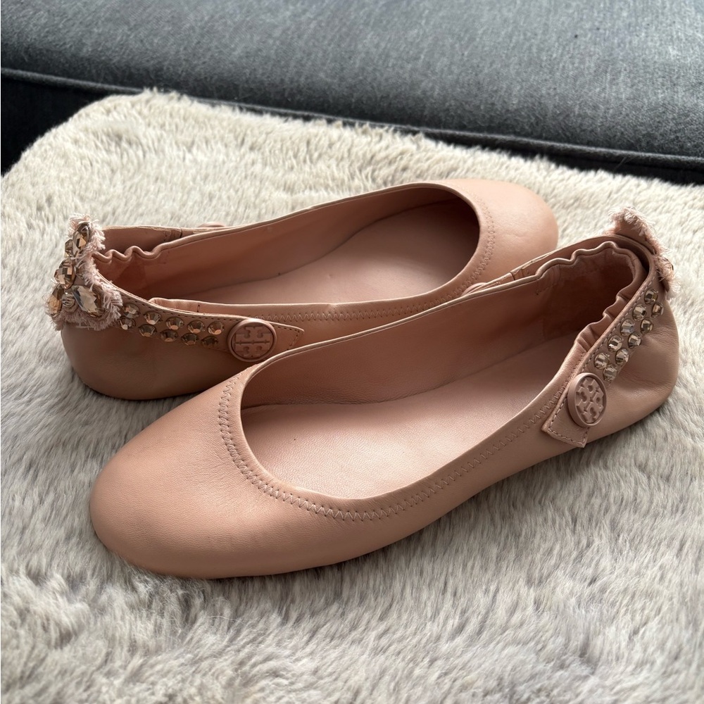 Tory Burch Beige Leather Embellished Strap Ballet Flats